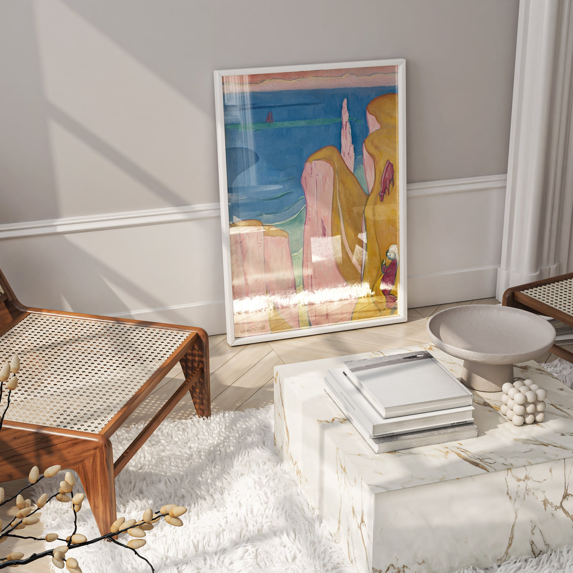 Detailed landscape art prints of the Normandy coast by Post Impressionist pioneer Émile Bernard, featuring a simplified figure and a cow amongst golden and pink cliffs.