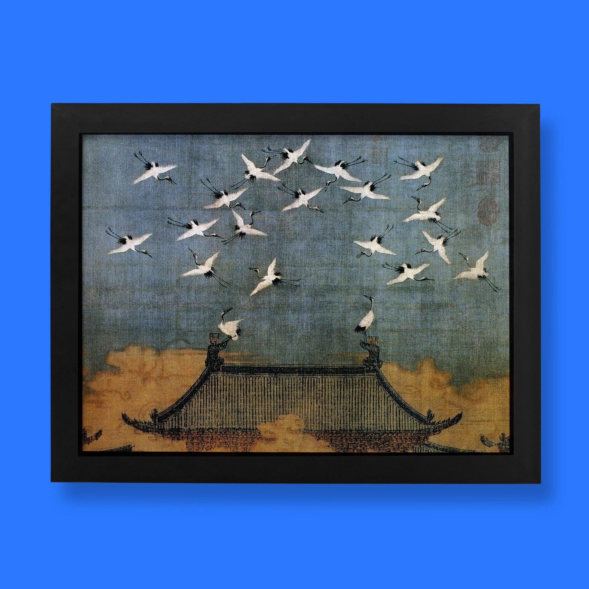 Emperor Huizong Auspicious Cranes 1112 CE Northern Song Dynasty fine art print showing twenty cranes soaring above an imperial palace roofline against a deep cerulean sky