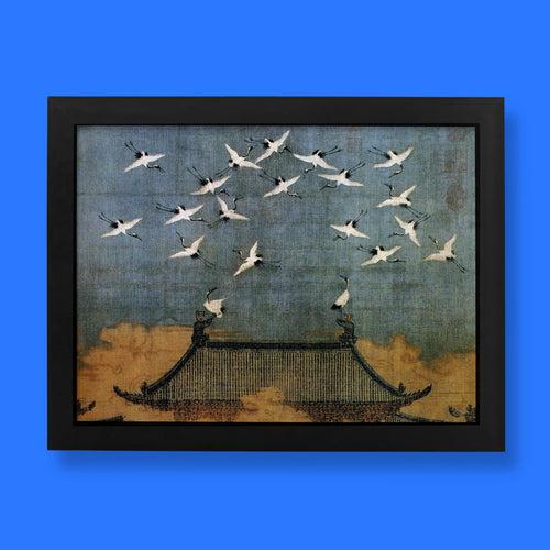 Emperor Huizong Auspicious Cranes 1112 CE Northern Song Dynasty fine art print showing twenty cranes soaring above an imperial palace roofline against a deep cerulean sky