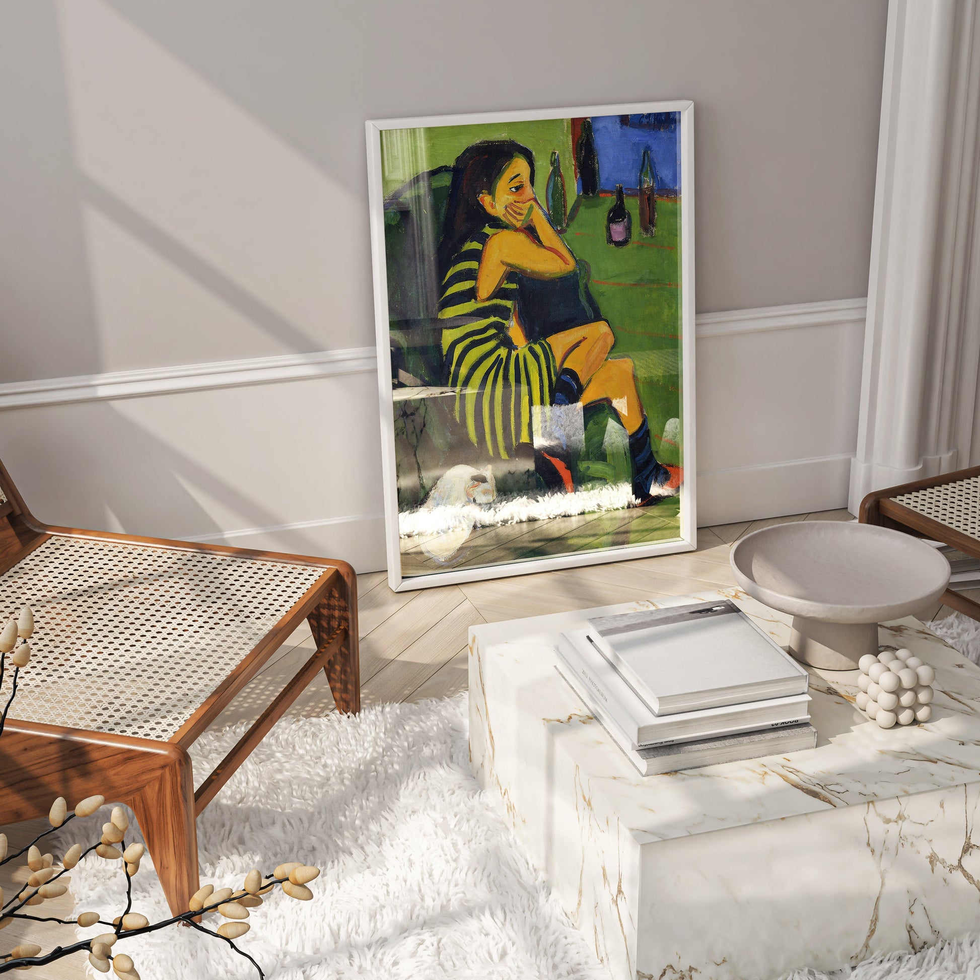 Ernst Ludwig Kirchner Artistin framed art print displayed on living room wall, German Expressionist wall art in modern black frame, museum quality fine art poster for contemporary home interiors