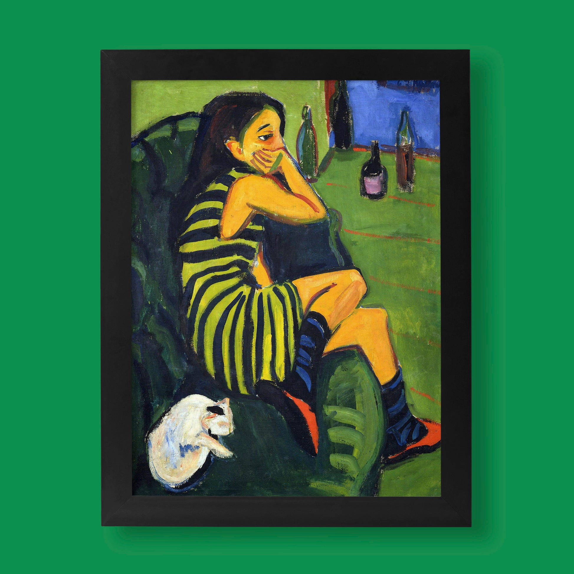 Ernst Ludwig Kirchner Artistin print featuring female performer in striped dress with cat, German Expressionist wall art from Die Brücke movement, museum quality fine art poster