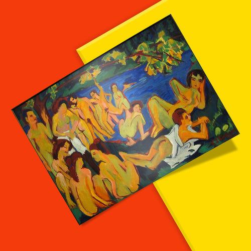 German Expressionist wall art print showing nude bathers by a lake, from Kirchner's Die Brücke period