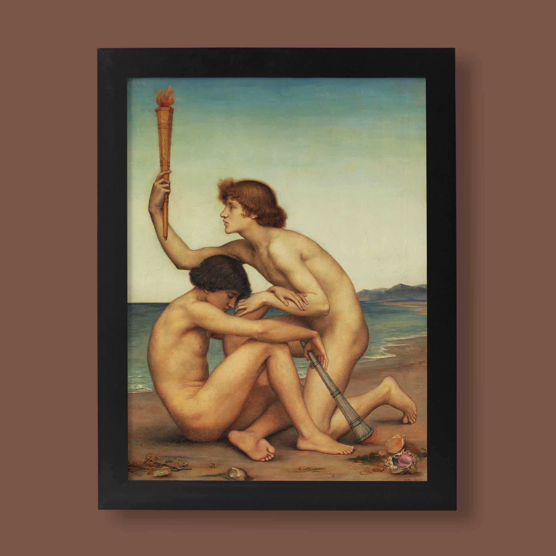 Evelyn de Morgan Phosphorus and Hesperus fine art print featuring two classical male figures on a beach, one holding a lit torch aloft while the other rests with an extinguished torch, Victorian Pre-Raphaelite wall art