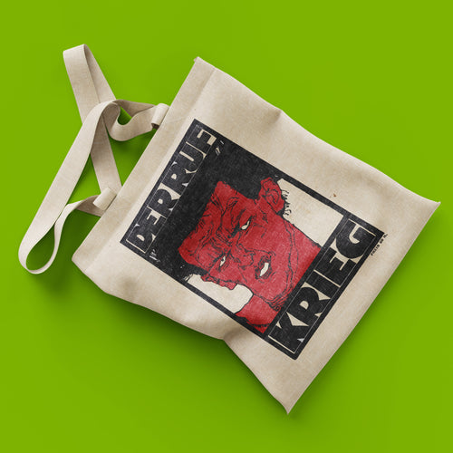 A sustainable fine art gift for art lovers showing a natural-coloured canvas tote with a red Expressionist print by artist Egon Schiele.