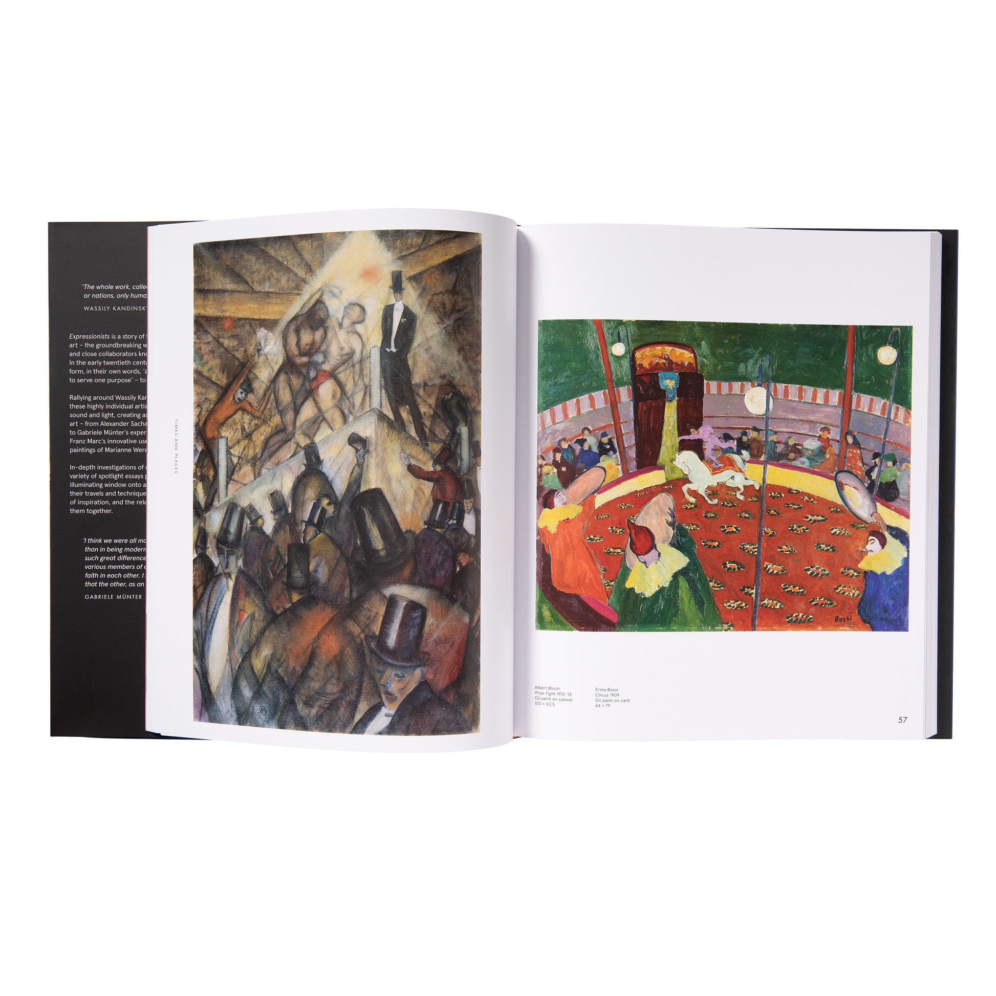 An open-book shot displaying a two-page spread with two different Expressionist paintings, one of a circus scene and another of a busy street, demonstrating the range of subjects covered in the Tate's comprehensive art book.