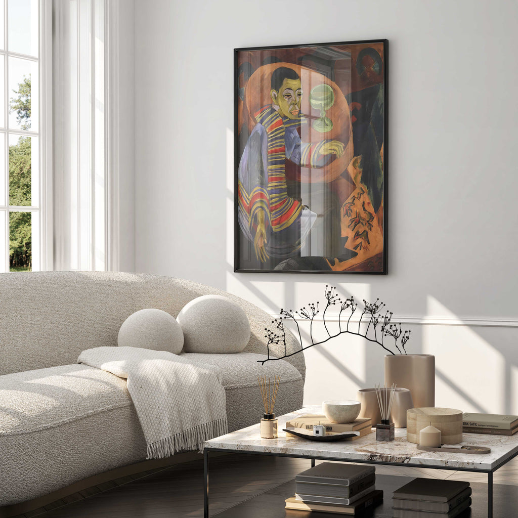 Stunning Ernst Ludwig Kirchner Expressionist self-portrait art print, framed and displayed as elegant wall decor in a modern, luxury living room.