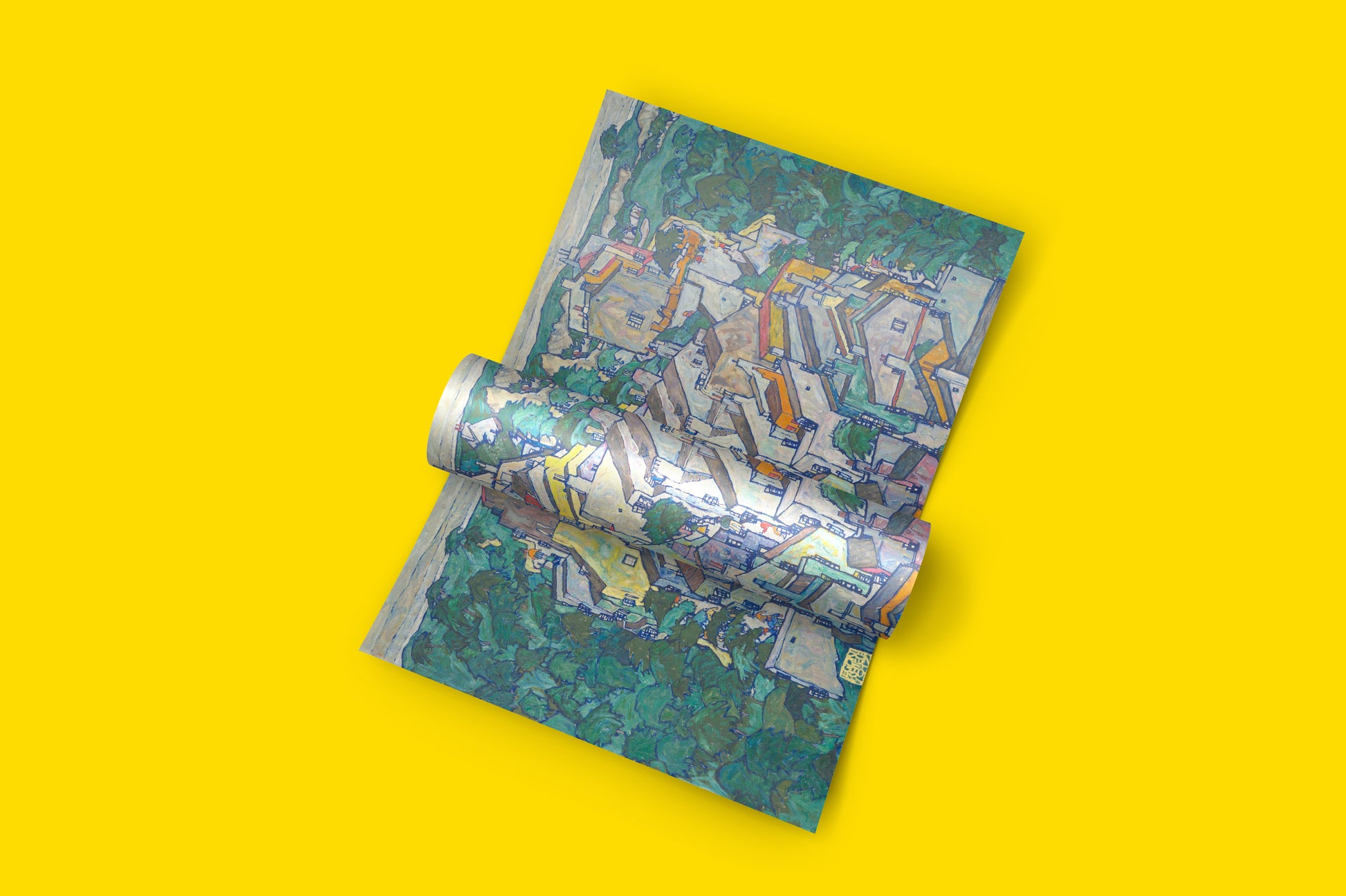 The Old City III by Egon Schiele giclee print featuring expressionist townscape with vibrant yellow and orange buildings surrounded by greenery - museum quality wall art