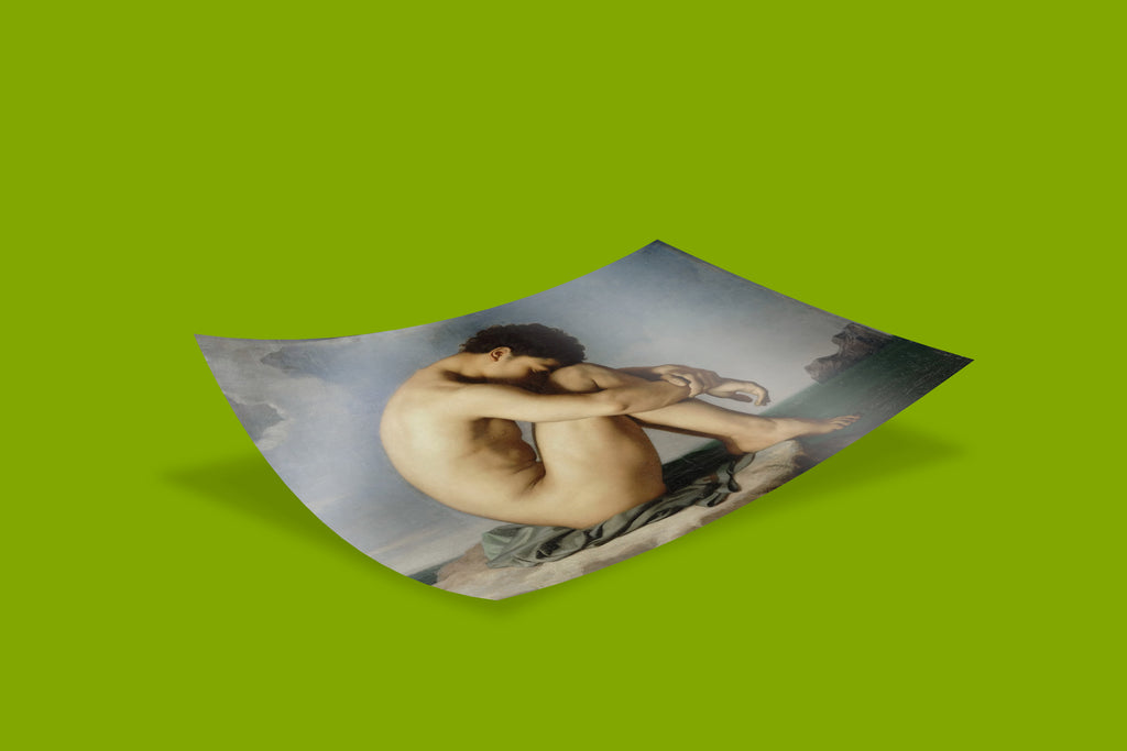 High-quality giclée art print of Flandrin's masterwork, "Study," a timeless piece of art history depicting a contemplative figure in a seascape.