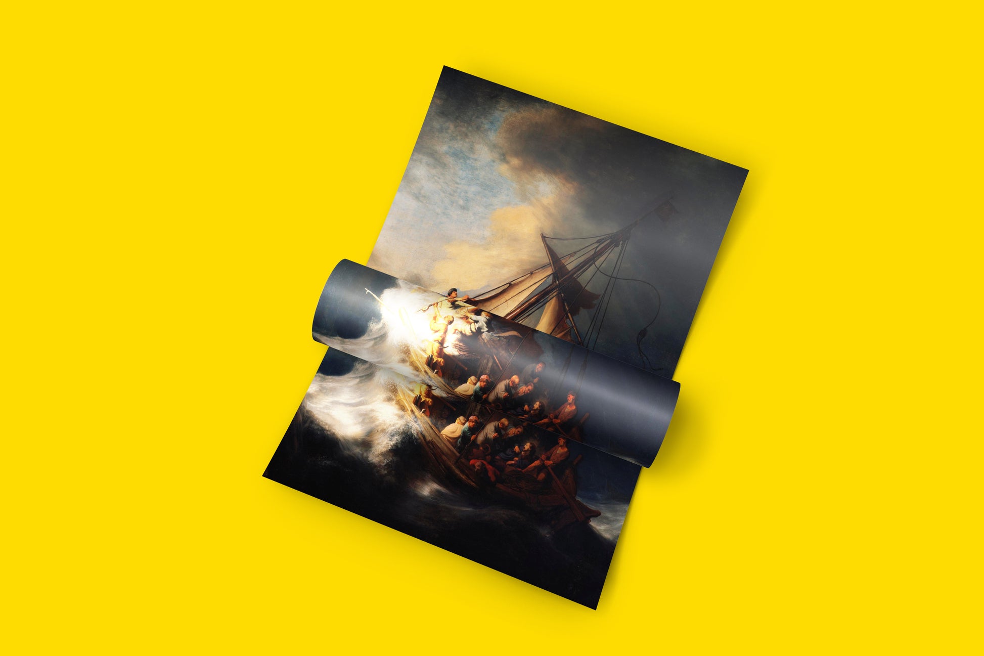 Reproduction of Rembrandt's only seascape painting, featuring Christ calming the storm on the Sea of Galilee. This beautiful wall art print is a timeless masterpiece for any room.