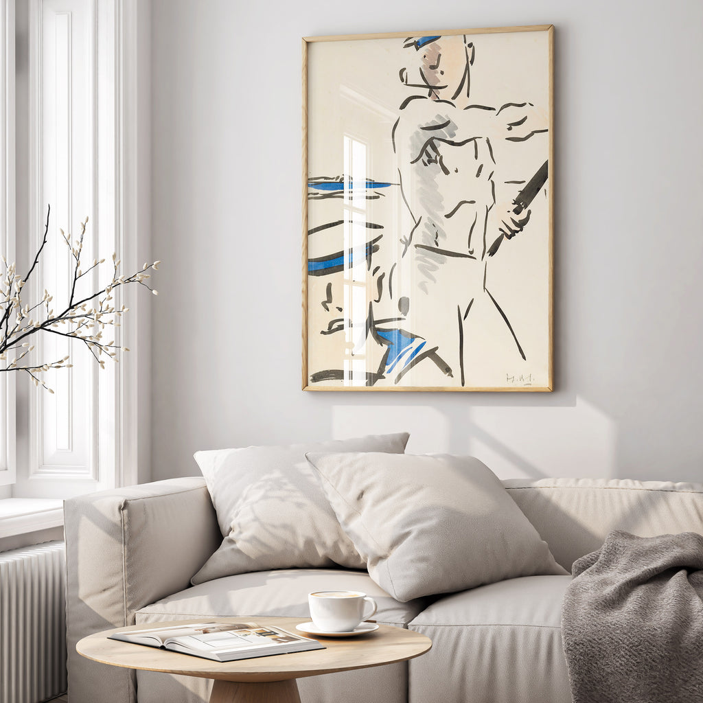 FCB Cadell Two Sailors art print displayed in contemporary living room interior, Scottish Colourist wall art for modern home decor