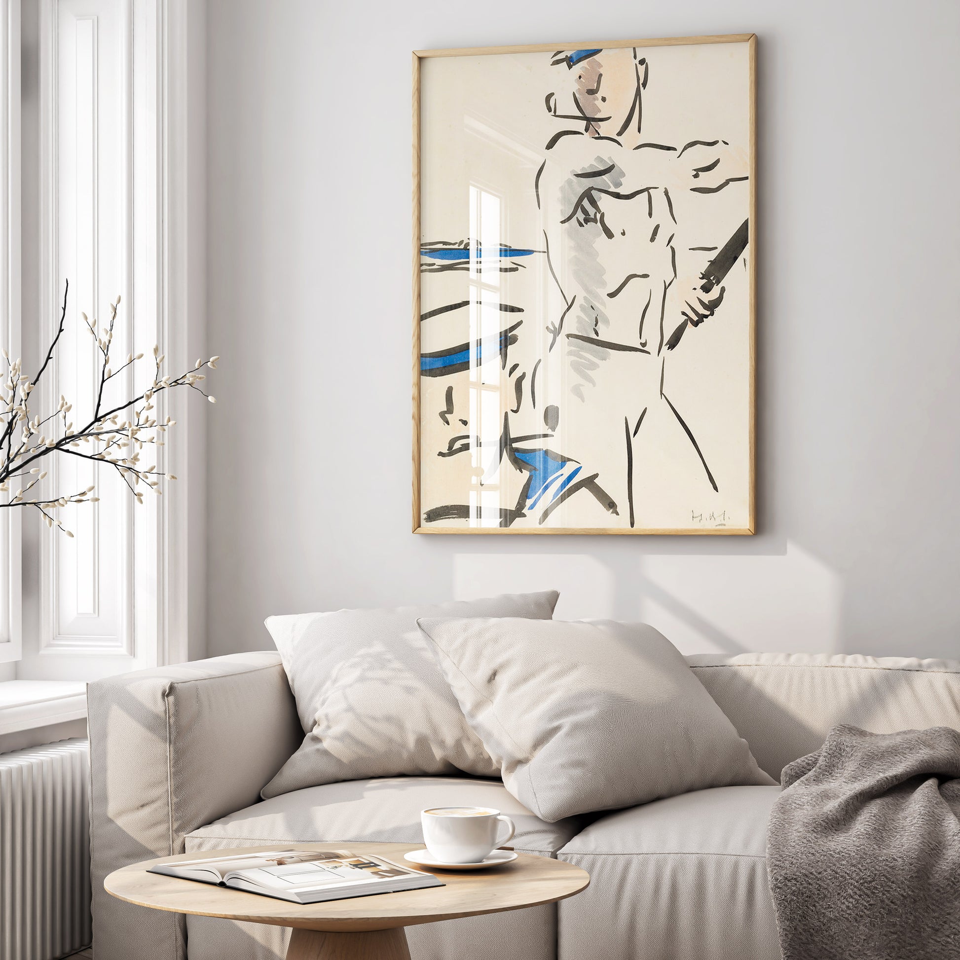 FCB Cadell Two Sailors art print displayed in contemporary living room interior, Scottish Colourist wall art for modern home decor