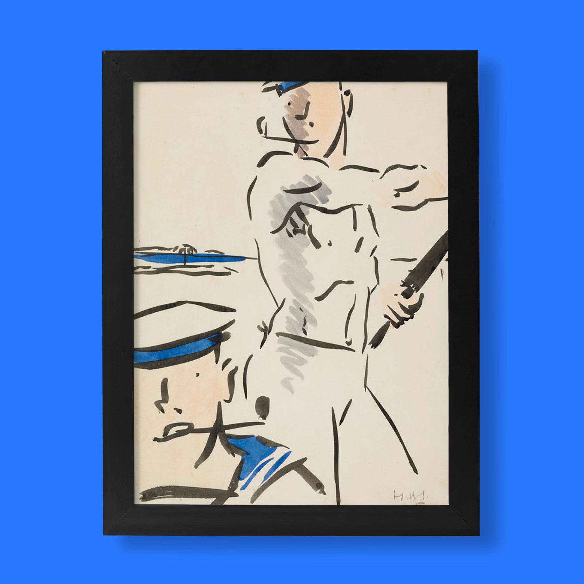 Francis Campbell Boileau Cadell Two Sailors fine art print featuring minimalist black ink sketch with blue accents of naval figures, museum-quality giclée reproduction