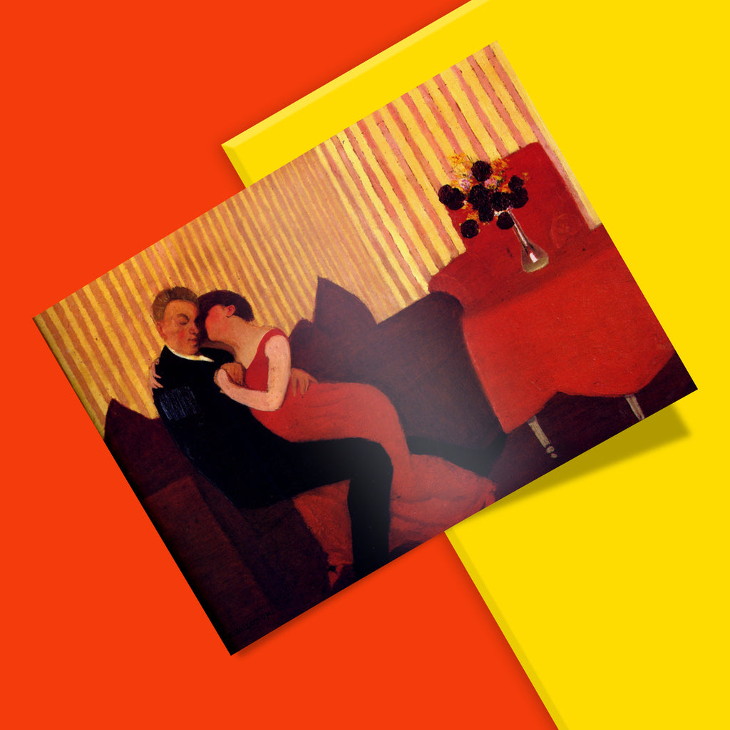 Wall art print of Le Mensonge by Félix Vallotton, depicting an intimate couple in a richly coloured domestic scene.