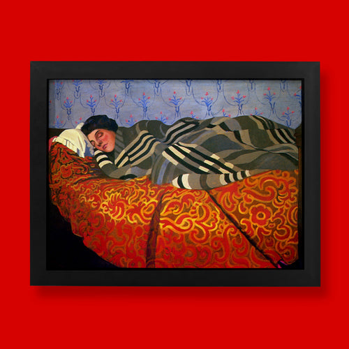 Félix Vallotton Sleeping Woman fine art print, a reclining figure wrapped in a striped blanket on a vividly patterned red and gold quilt.