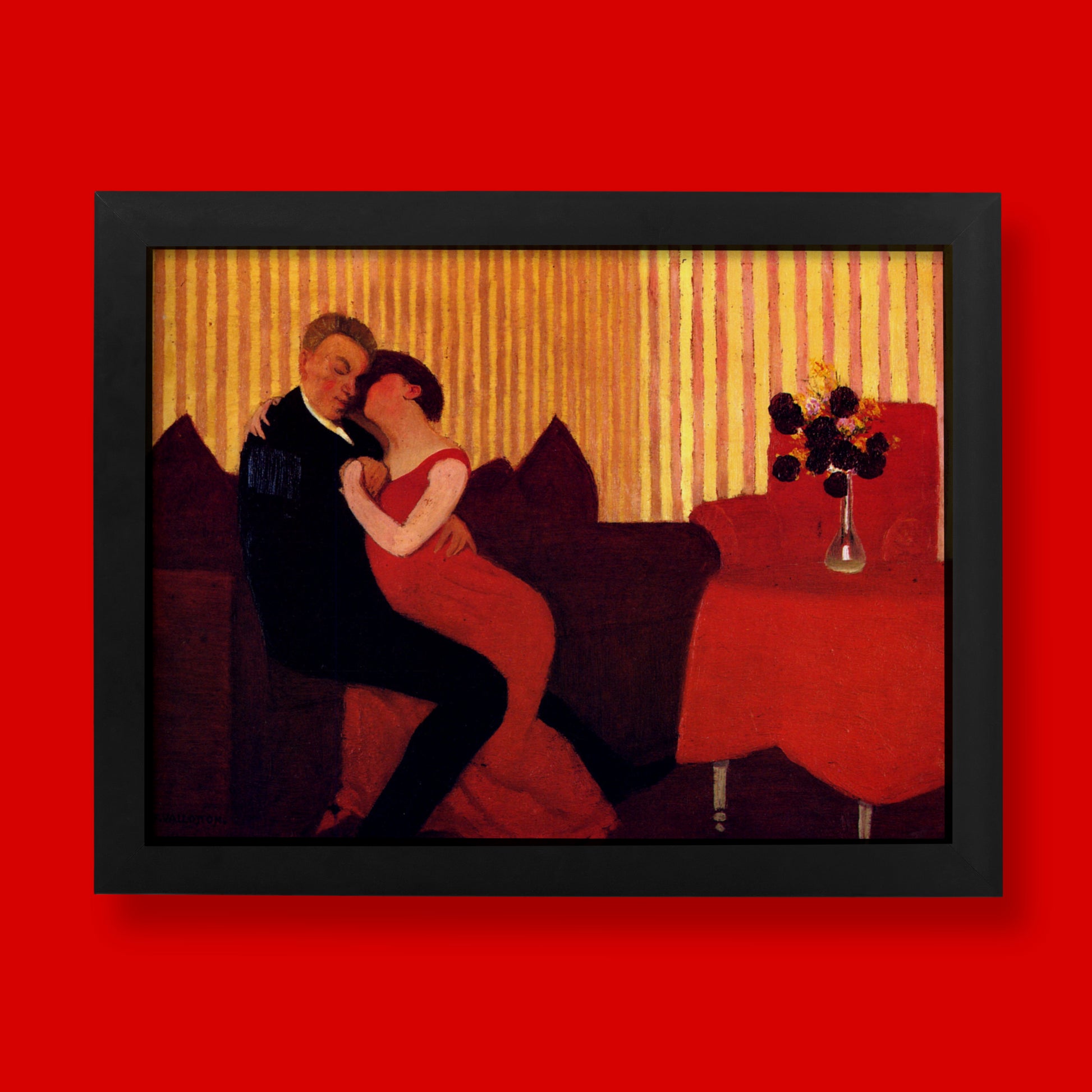 Fine art print of Félix Vallotton's painting "The Lie," showing a couple embracing on a red sofa in a striped interior.