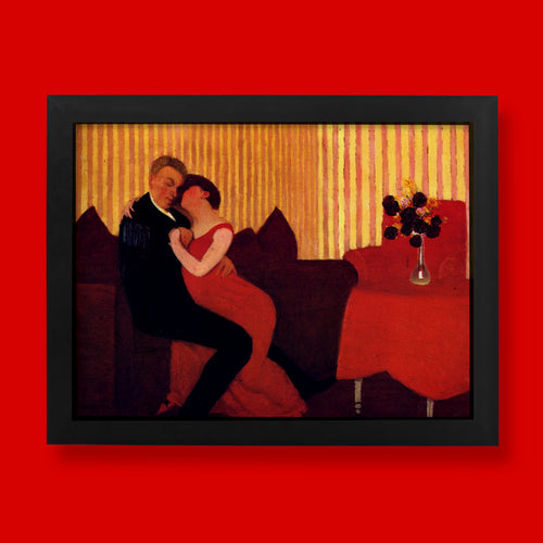 Fine art print of Félix Vallotton's painting "The Lie," showing a couple embracing on a red sofa in a striped interior.