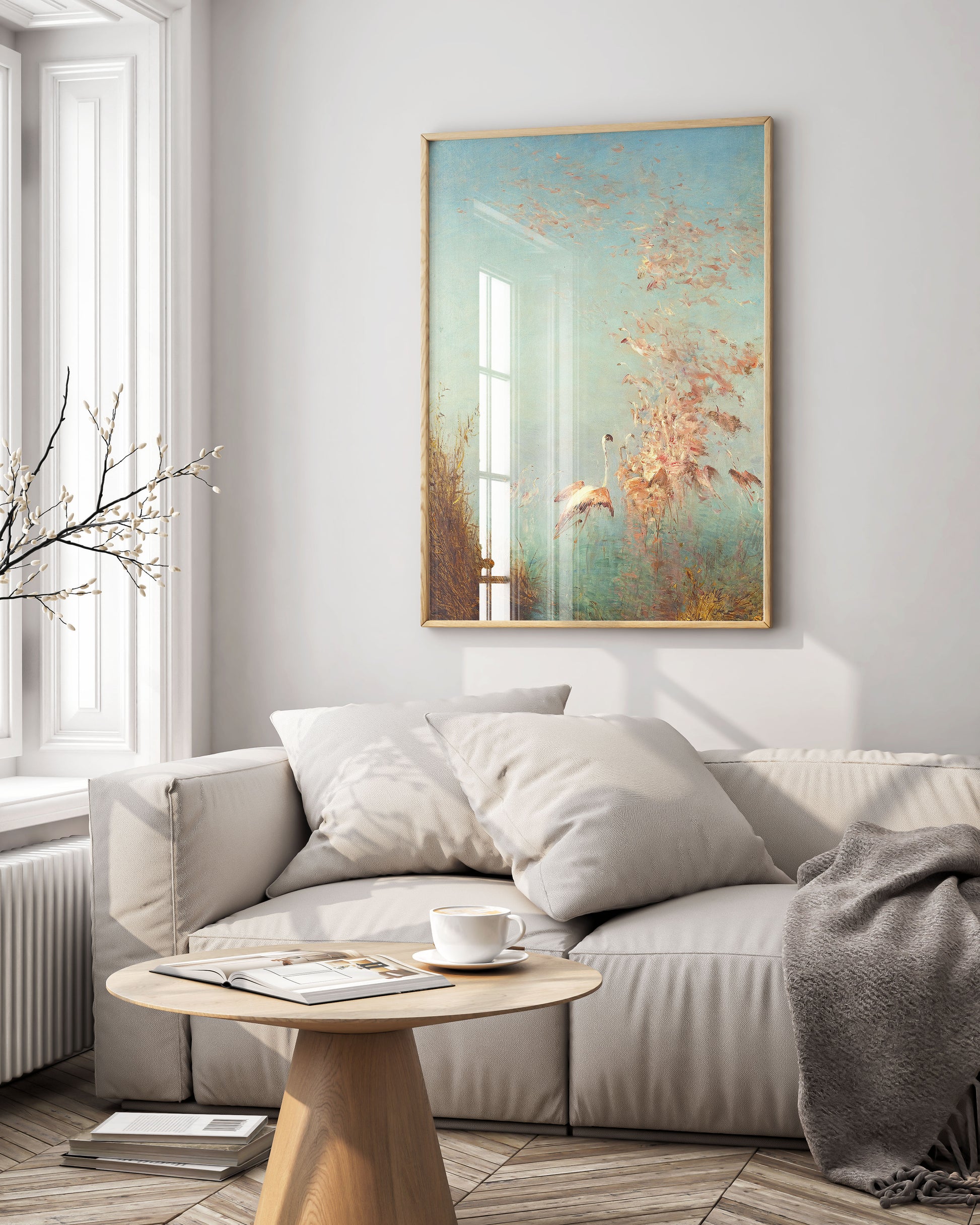 Félix Ziem Flight of Flamingos framed art print displayed on living room wall, museum quality fine art wall décor with elegant frame