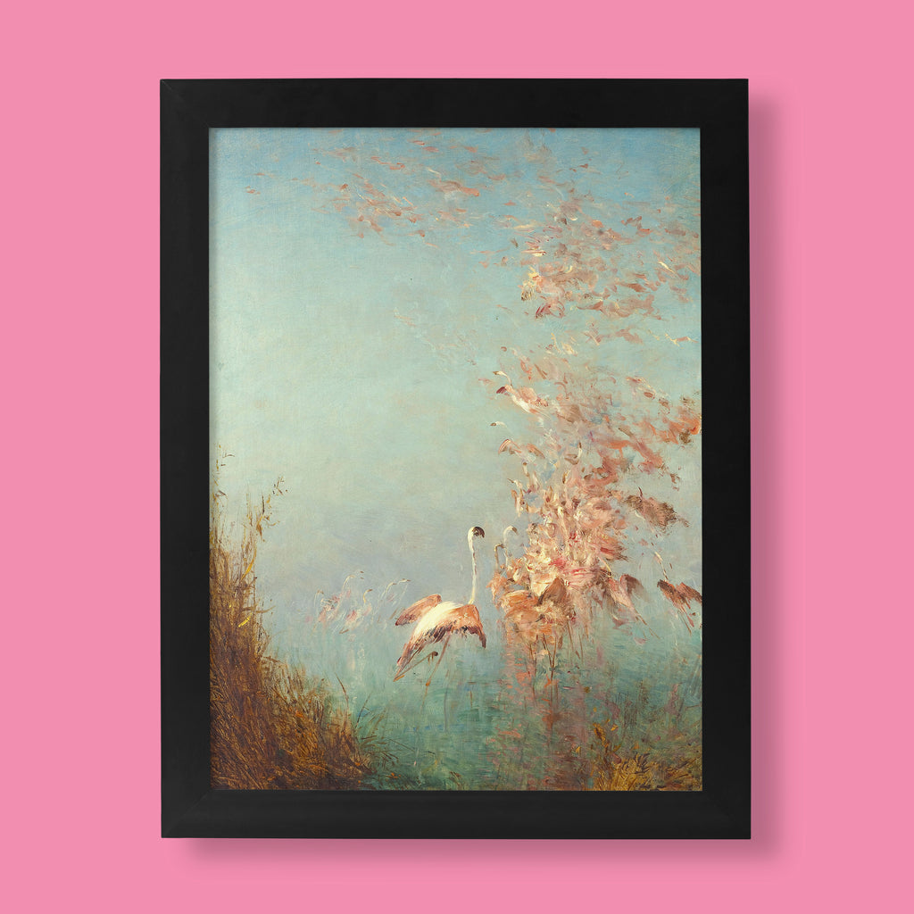 Félix Ziem Flight of Flamingos fine art print showing pink flamingos taking flight over marshland with golden sky, available as museum quality wall art