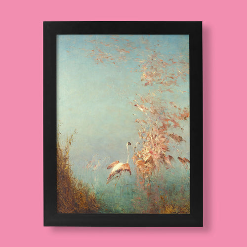 Félix Ziem Flight of Flamingos fine art print showing pink flamingos taking flight over marshland with golden sky, available as museum quality wall art