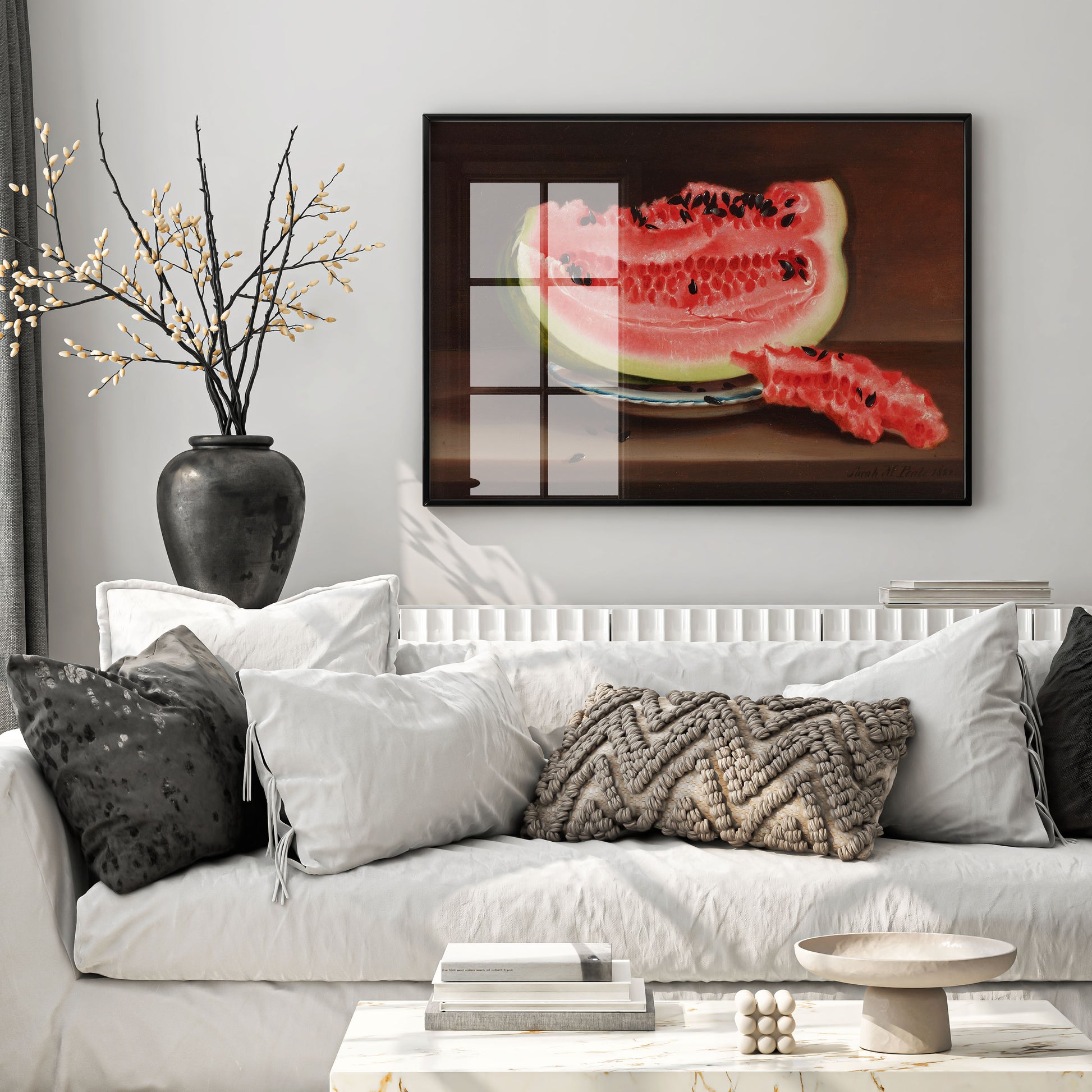 Historic still life by pioneering female American artist Sarah Miriam Peale, watermelon fine art print for classic home decor