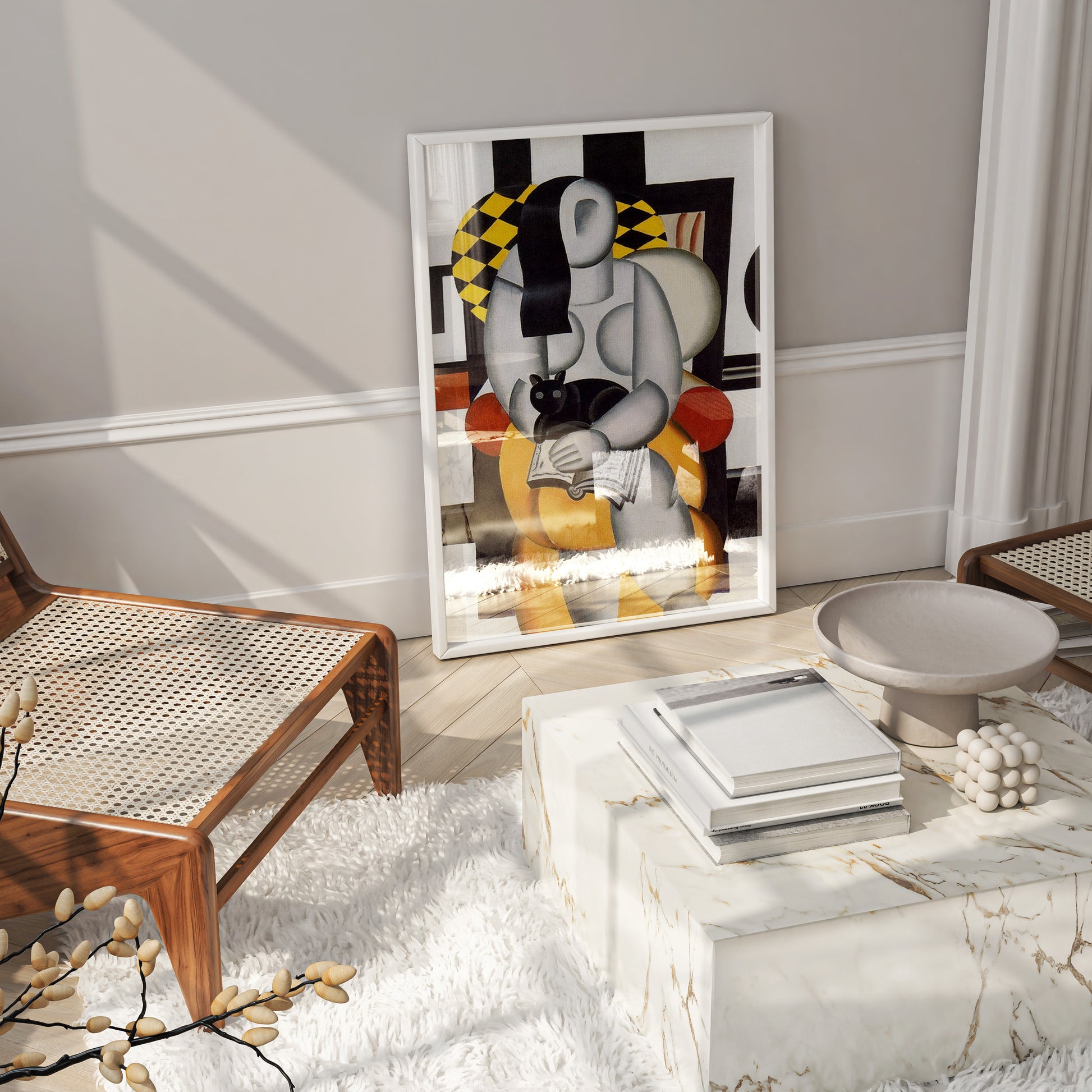 Fernand Léger art print depicting monumental female figure with cat in signature geometric cubist style from 1918-23