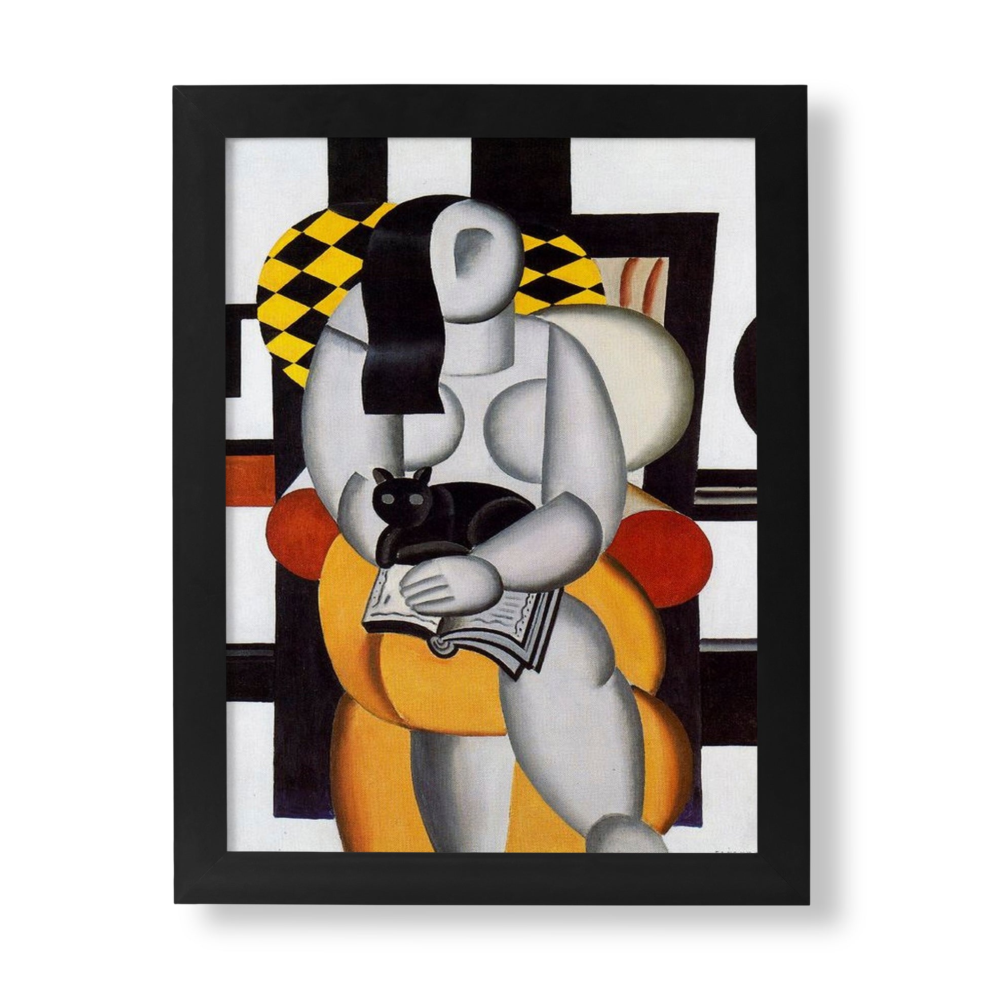 Fernand Léger Woman with a Cat cubist art print featuring geometric figure holding black cat with yellow and black checkered pattern