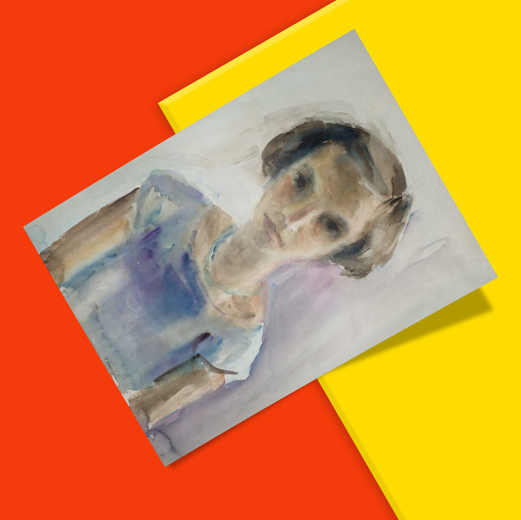 Figurative watercolour portrait fine art print by Gela Seksztajn from ART SNOB, a 12-colour giclée print of a young girl in a pale blue dress, ideal for contemporary and classical interiors