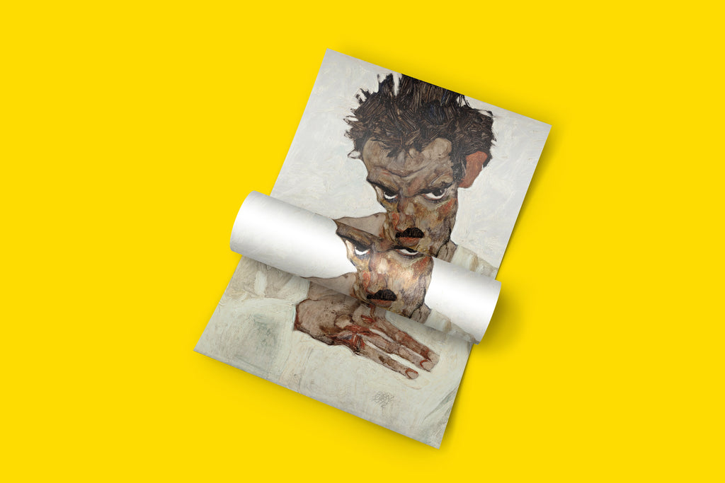 Detail of Egon Schiele's "Self-Portrait with Lowered Head" art print, a striking piece of fine art for contemporary home decor.