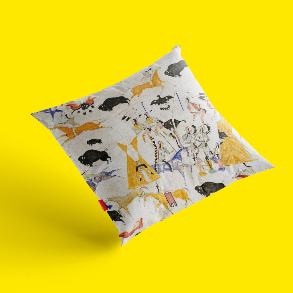 Close-up of Cadzi Cody Plains Indian hide painting art cushion cover on premium linen, showing vibrant buffalo hunt and Sun Dance scenes, fade-resistant fine art print
