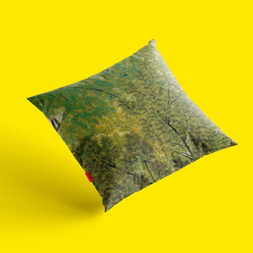 Japanese art cushion cover printed with Gyoshū Hayami's New Leaves Nihonga painting, 18x18 inch premium linen double-sided design with vibrant green spring canopy