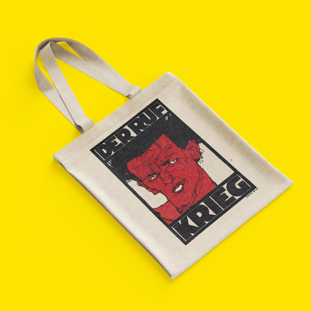 Detail of the "Der Ruf" and "Krieg" typography on an Egon Schiele art tote bag, reflecting the 1912 early Expressionist movement.
