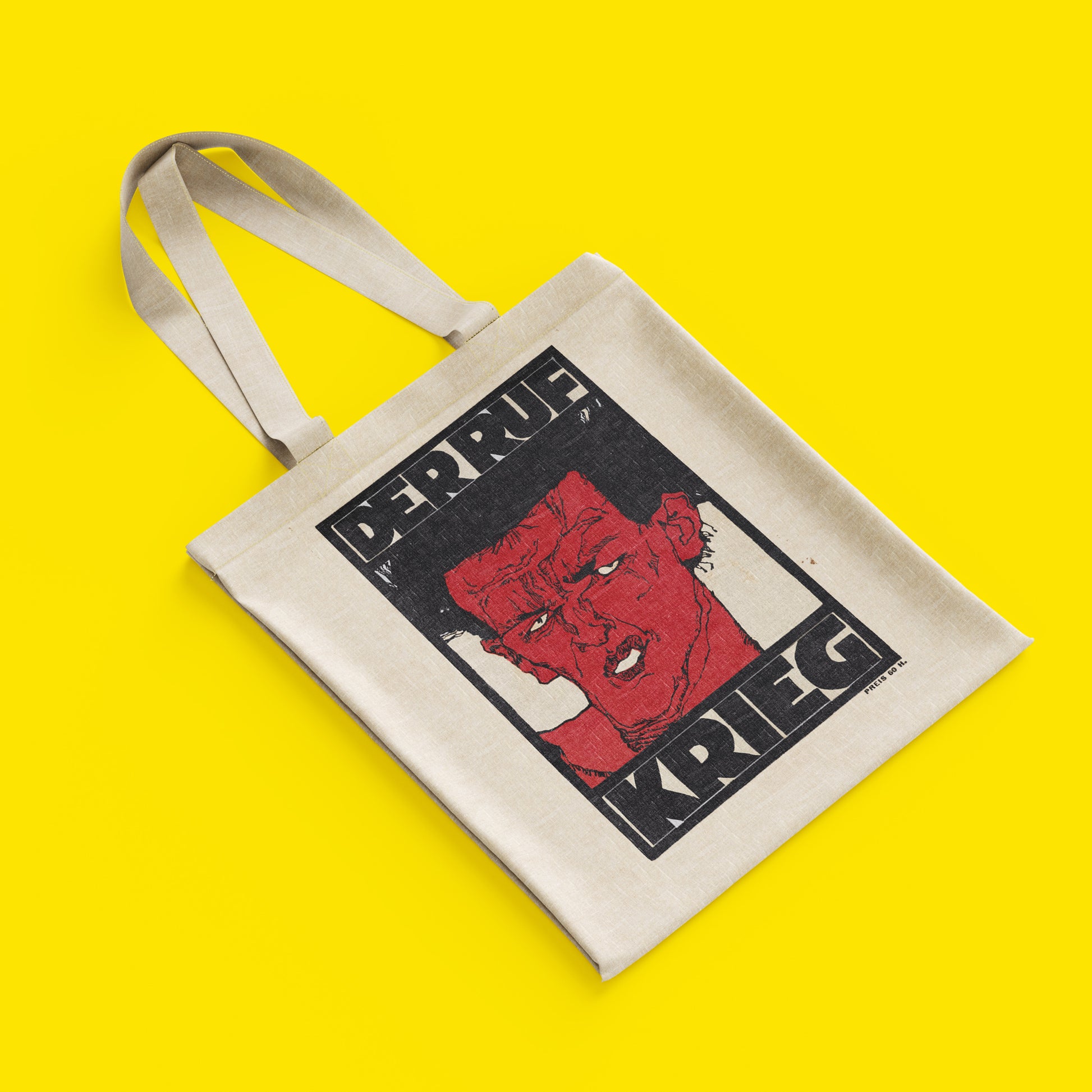 Detail of the "Der Ruf" and "Krieg" typography on an Egon Schiele art tote bag, reflecting the 1912 early Expressionist movement.