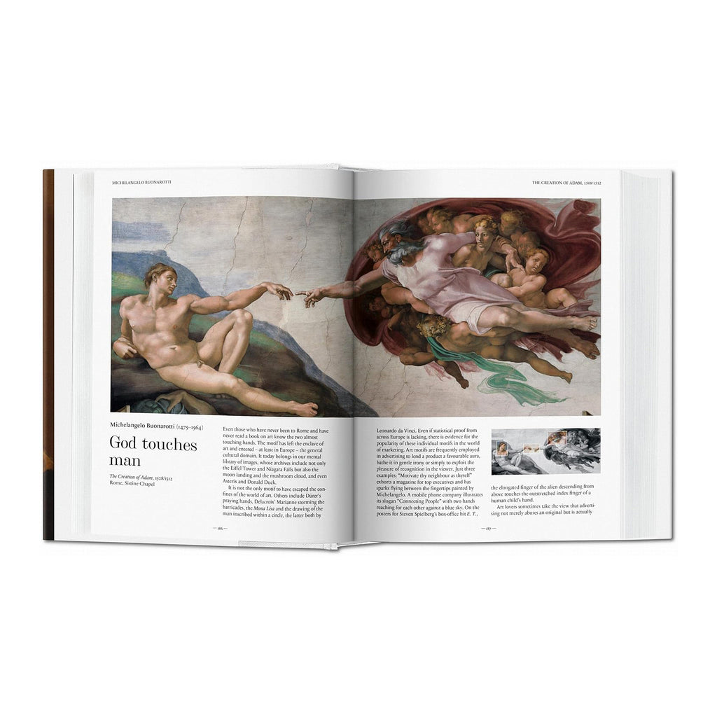 A picture of the open Taschen book showing a detailed section of Michelangelo's "The Creation of Adam" from the Sistine Chapel.