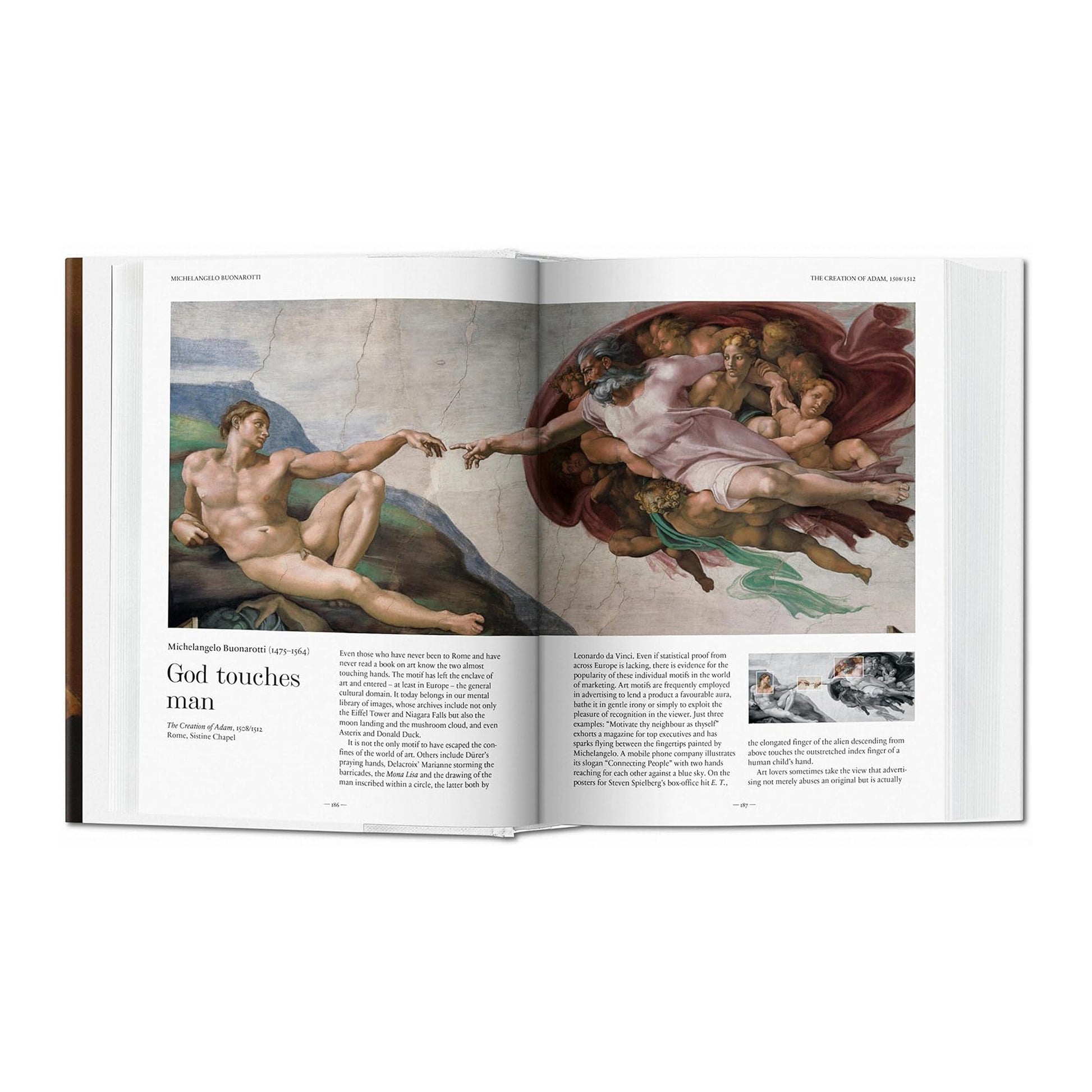 A picture of the open Taschen book showing a detailed section of Michelangelo's "The Creation of Adam" from the Sistine Chapel.