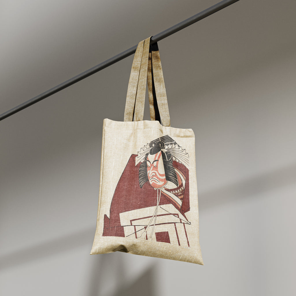 Fine art tote bag featuring authentic Japanese theatre woodblock print, sustainable cotton fabric with large printable area, perfect art lover gift