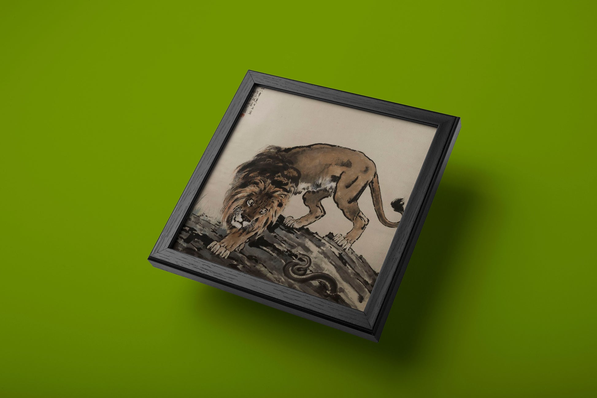 Detailed giclée print of the iconic Chinese artist's lion painting, showcasing traditional brushwork and a powerful animal portrait.