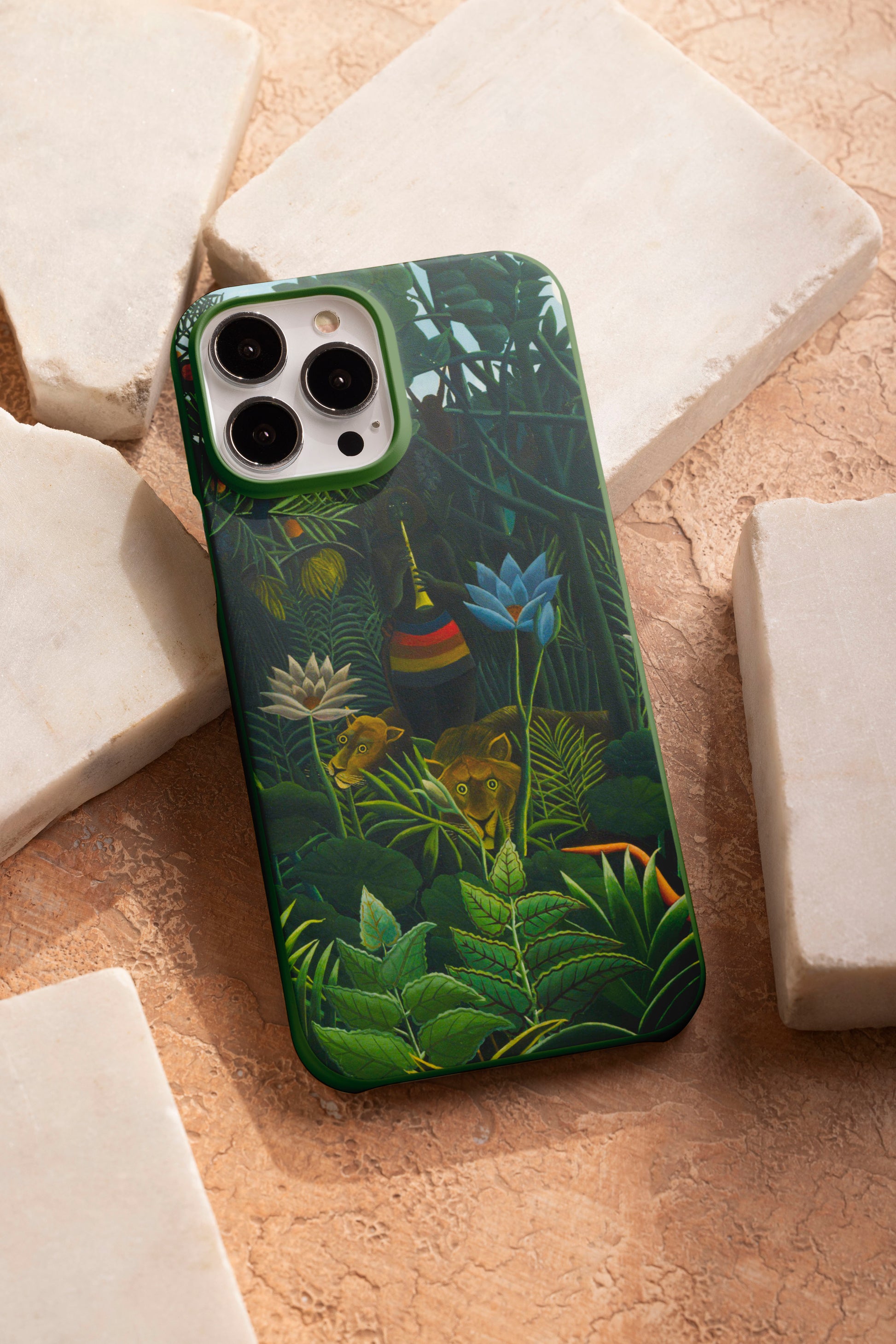 Henri Rousseau "The Dreamer" fine art phone case, showcasing a vibrant post-impressionist jungle painting with a glossy finish.