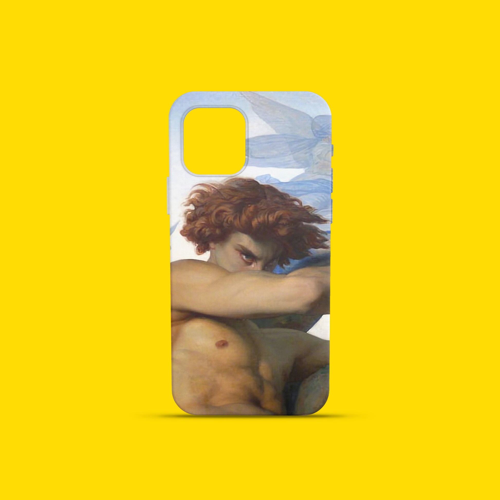 A close-up shot of a phone case featuring the fine art painting The Fallen Angel by Alexandre Cabanel.