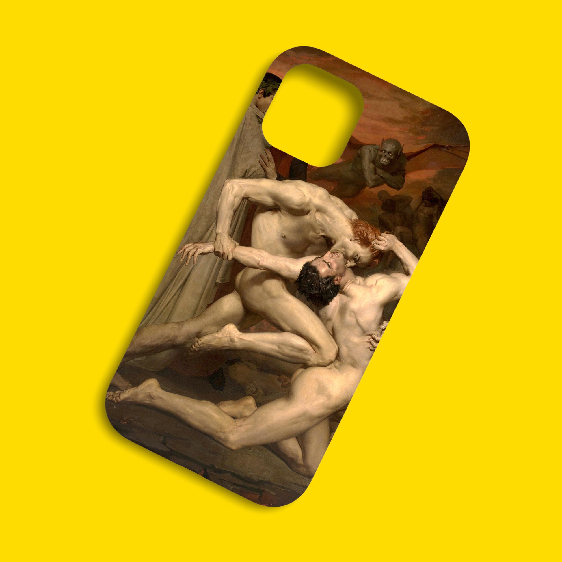 Detail showing the wraparound 3D print design of the Bouguereau Dante and Virgil in Hell phone case, covering all sides.