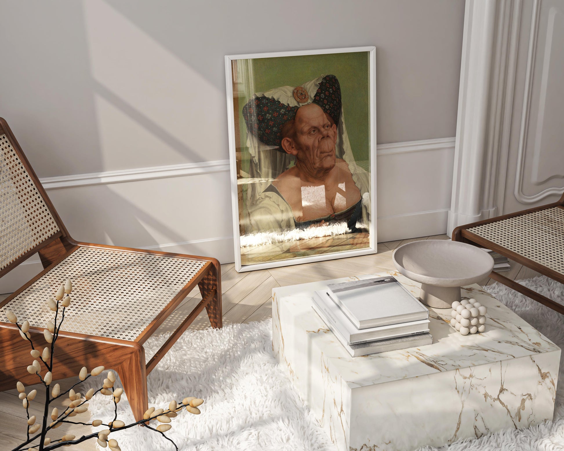 A high-quality framed fine art poster of a classic painting, adding a touch of vintage sophistication and wall decor to a contemporary home interior.