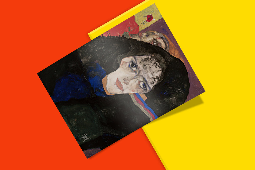 Museum-quality Egon Schiele 'Mourning Woman' art print, an emotive female portrait capturing sorrow, perfect for enhancing any fine art decor.