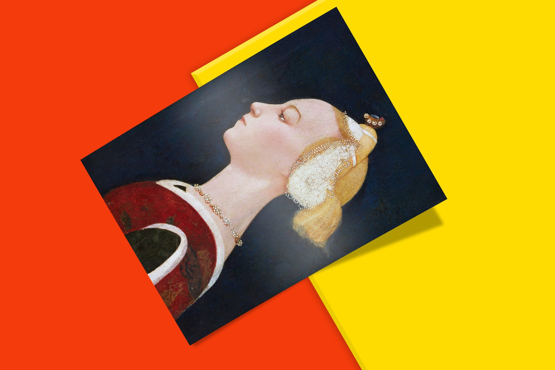 Close-up of the elegant lady from the Castello Nativity painting, showcasing the rich detail and vibrant colours of this fine art print.