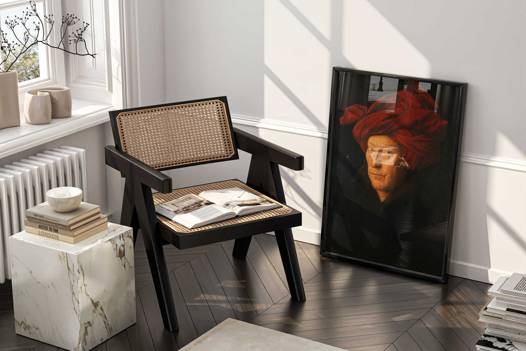 A giclée print of Jan van Eyck's masterpiece, 'Portrait of a Man', enriching the decor of an opulent living room with a sophisticated touch.