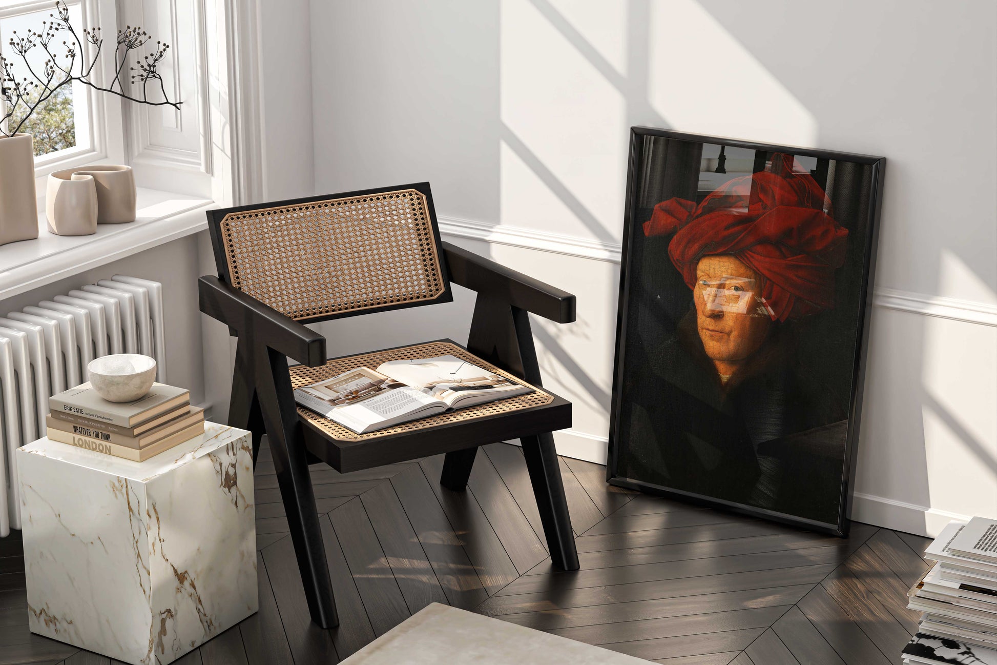 A giclée print of Jan van Eyck's masterpiece, 'Portrait of a Man', enriching the decor of an opulent living room with a sophisticated touch.