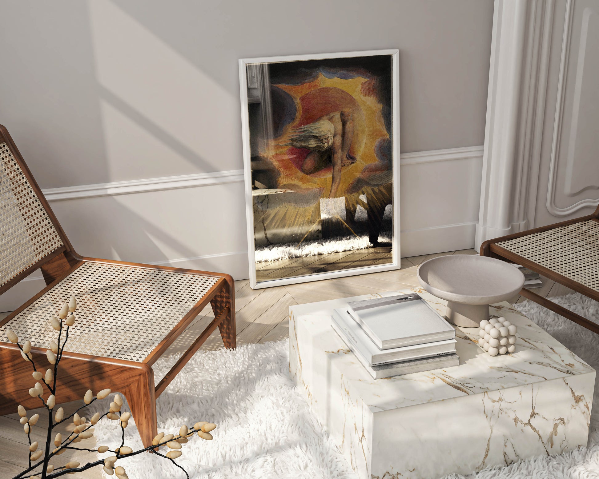 Fine art wall decor featuring William Blake’s The Ancient of Days in elegant modern interior