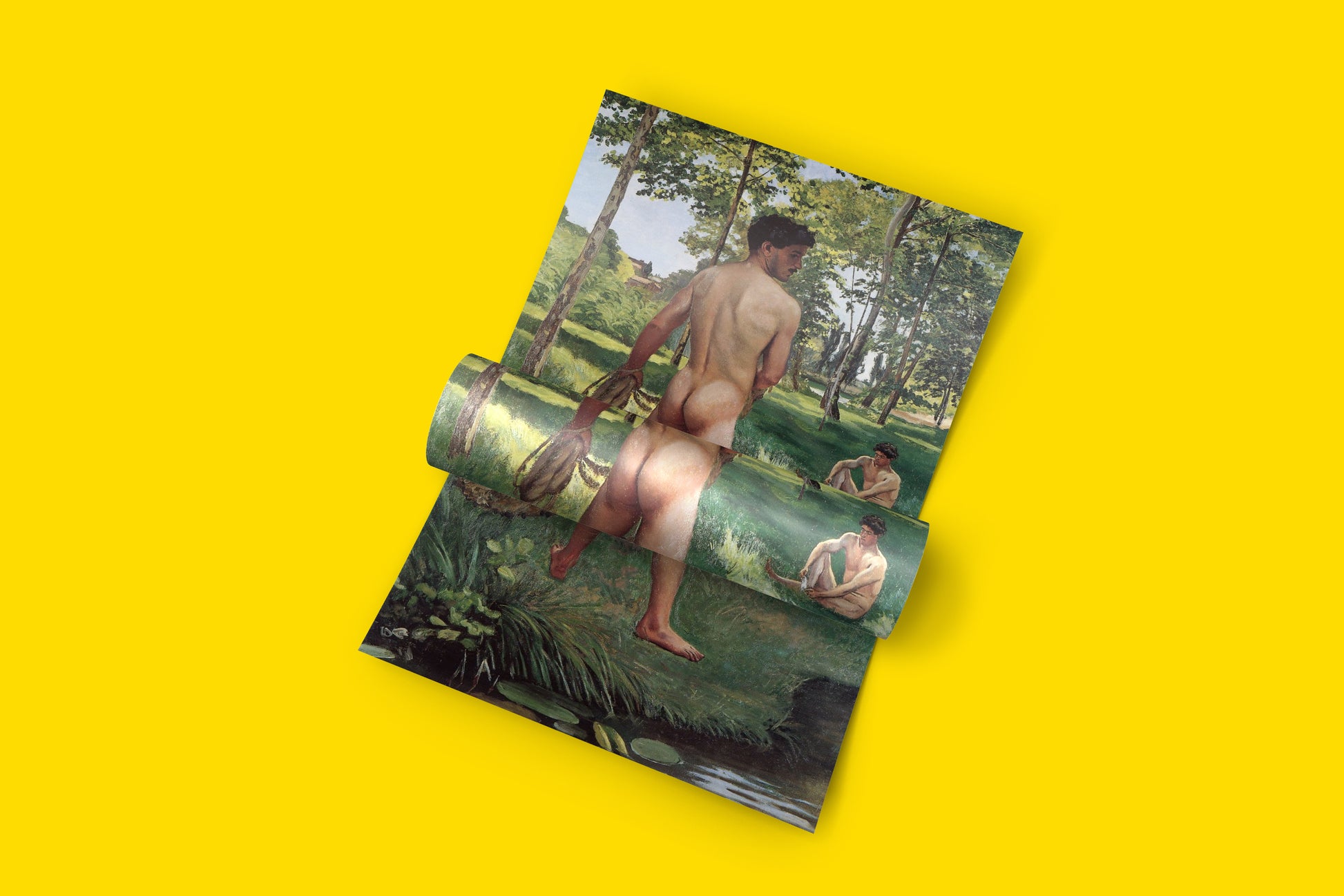 Fine art poster of Bazille's "Fisherman with a Net," an iconic Impressionist painting known for its depiction of male beauty and queer undertones.