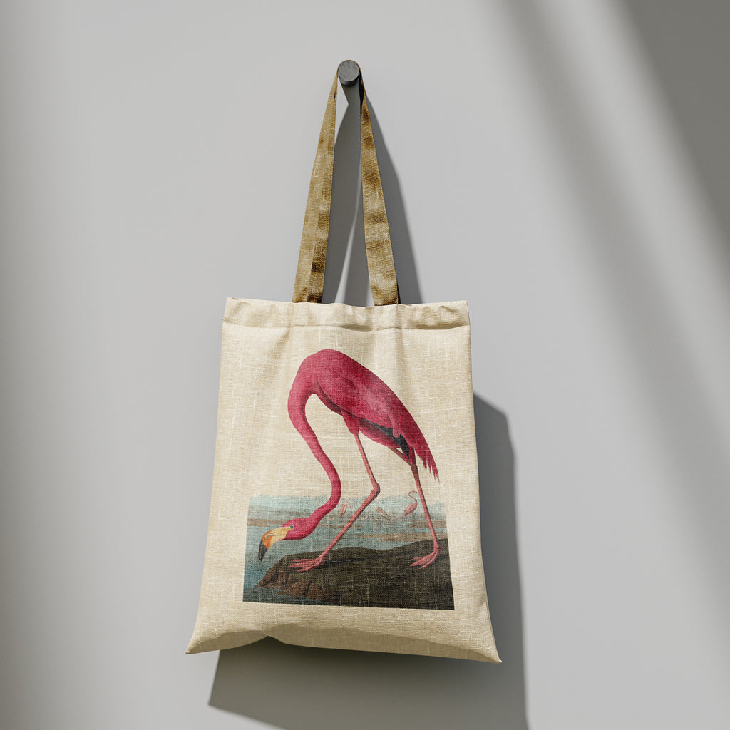 Front view of Audubon flamingo canvas tote bag featuring pink coral flamingo illustration, eco-friendly cotton shopping bag with museum quality print