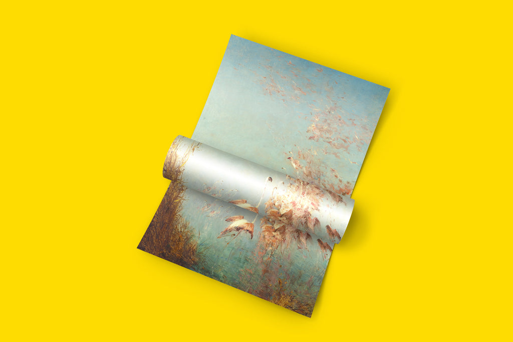 Flight of Flamingos art print by Félix Ziem styled in modern bedroom, showing museum quality fine art prints for contemporary interiors