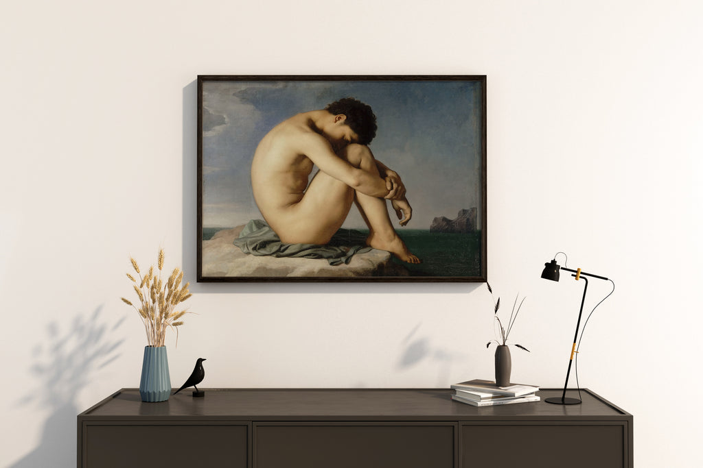 A stunning view of Hippolyte Flandrin's iconic "Study" print, framed in black and hanging as a focal point on a wall, enhancing the room's aesthetic with classic fine art.