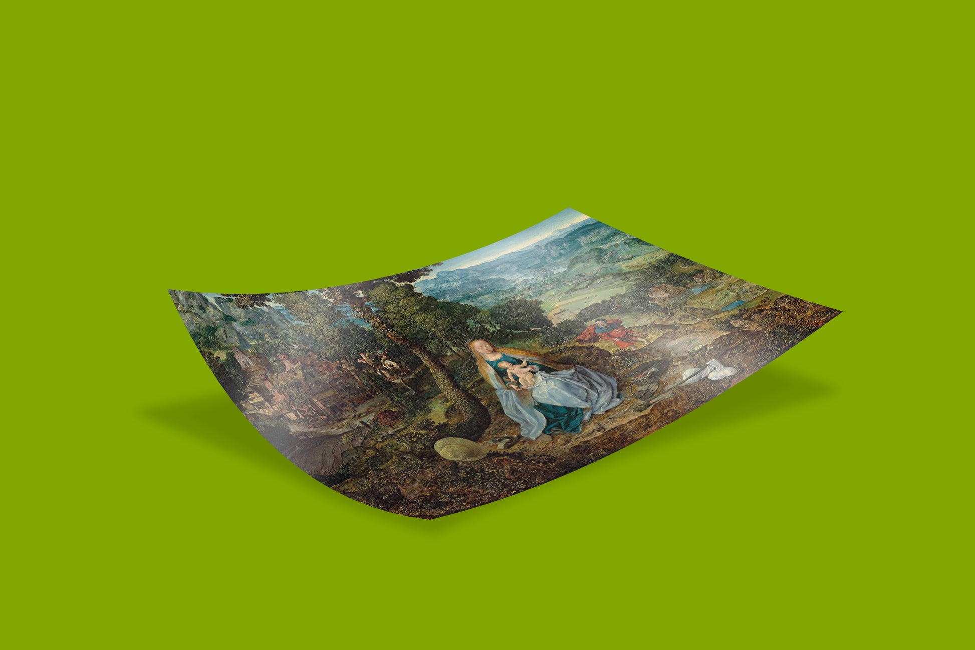 16th century Flemish Renaissance landscape art poster with sacred figures in foreground and sweeping mountainous vista, museum quality giclée print